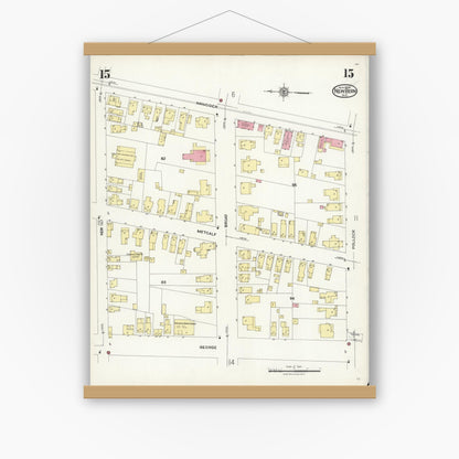 Old map wall art mockup — magnetic wood frame on white wall — Sanborn Fire Insurance Map from New Bern, Craven County, North Carolina (1924), Sheet #0015