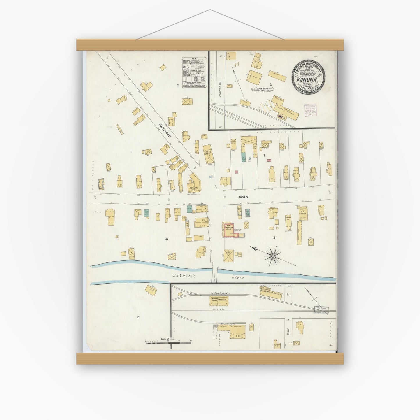 Old map wall art mockup — magnetic wood frame on white wall — Sanborn Fire Insurance Map from Kanona, Steuben County, New York (1906), Sheet #0001
