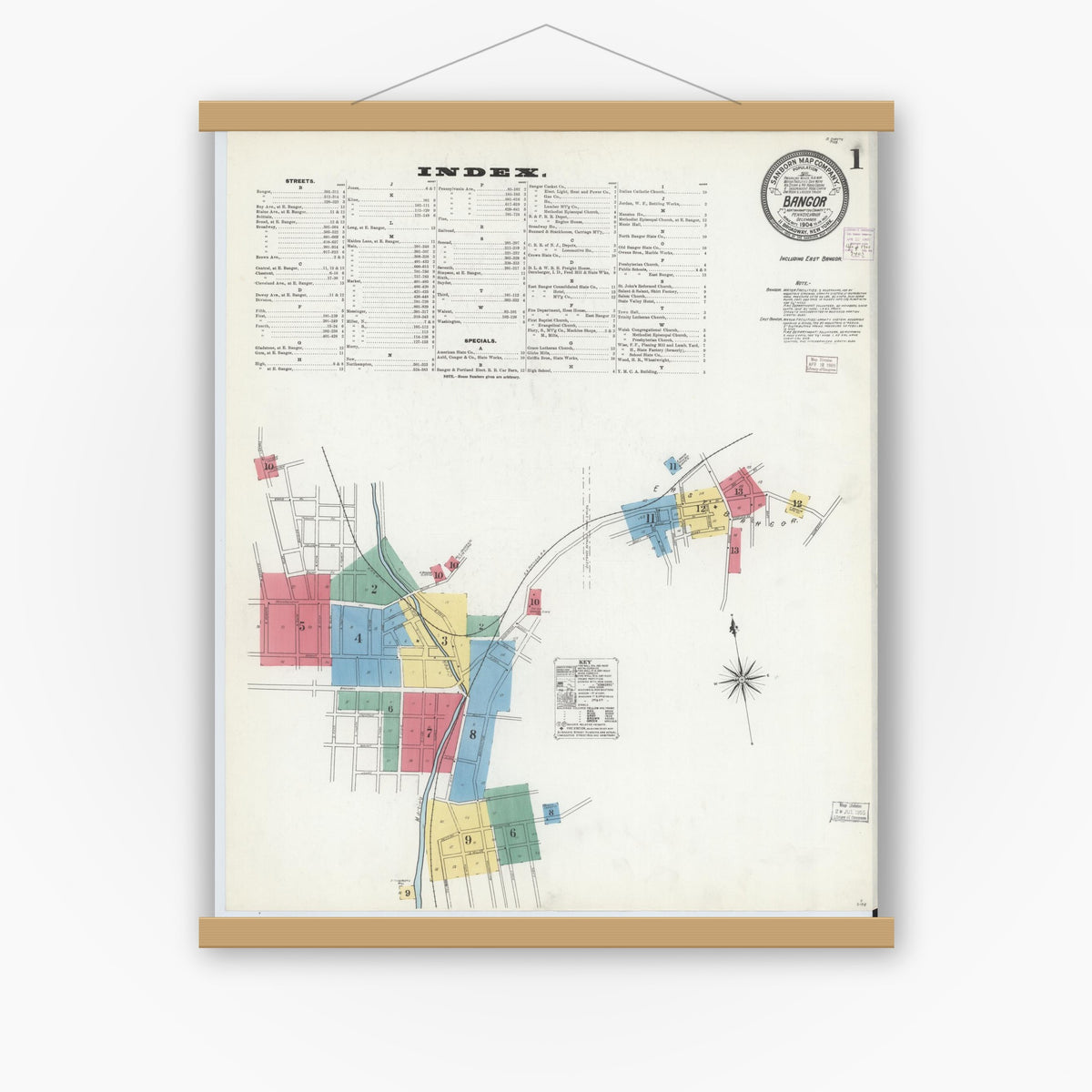 Old map wall art mockup — magnetic wood frame on white wall — Sanborn Fire Insurance Map from Bangor, Northampton County, Pennsylvania (1904) - Complete Map Set