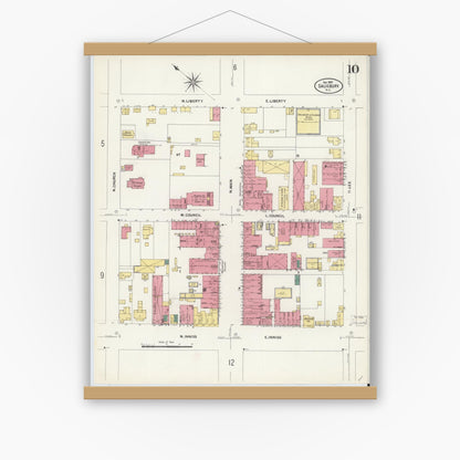 Old map wall art mockup — magnetic wood frame on white wall — Sanborn Fire Insurance Map from Salisbury, Rowan County, North Carolina (1907), Sheet #0010