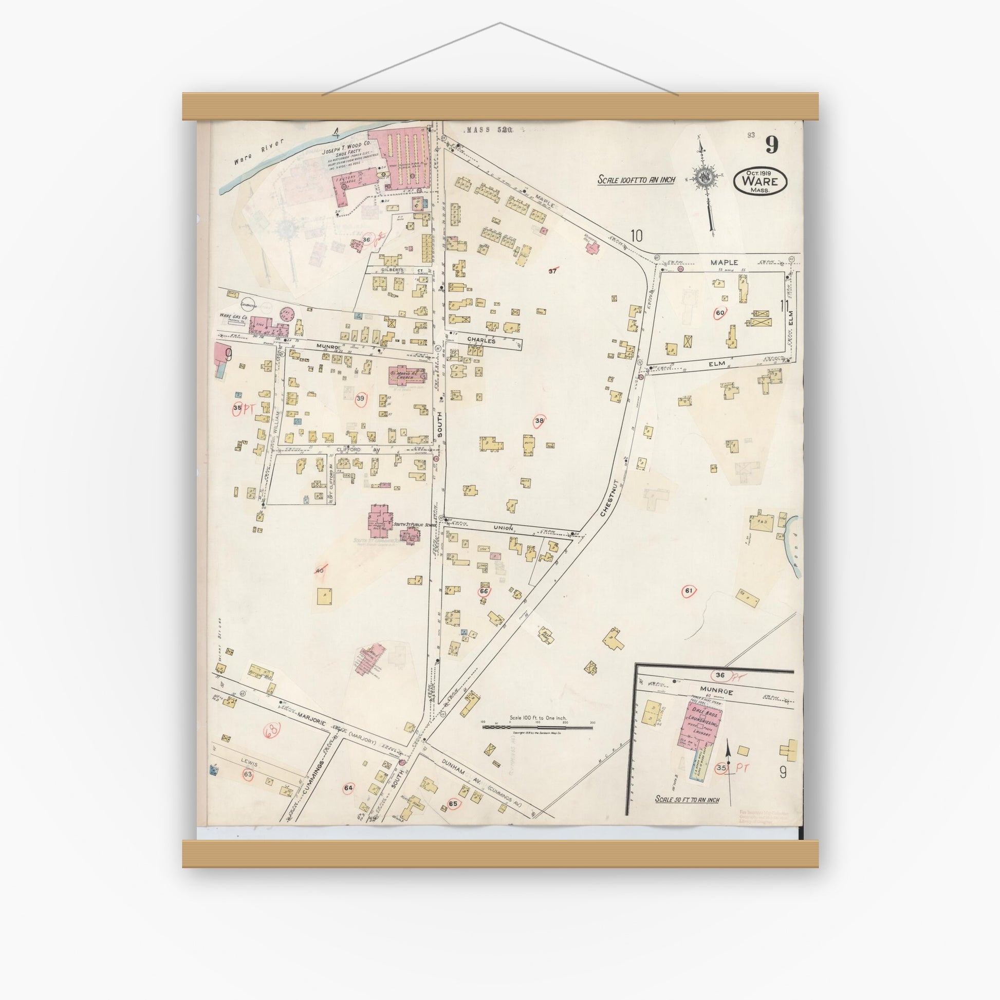 Old map wall art mockup — magnetic wood frame on white wall — Sanborn Fire Insurance Map from Ware, Hampshire County, Massachusetts (1946), Sheet #0009