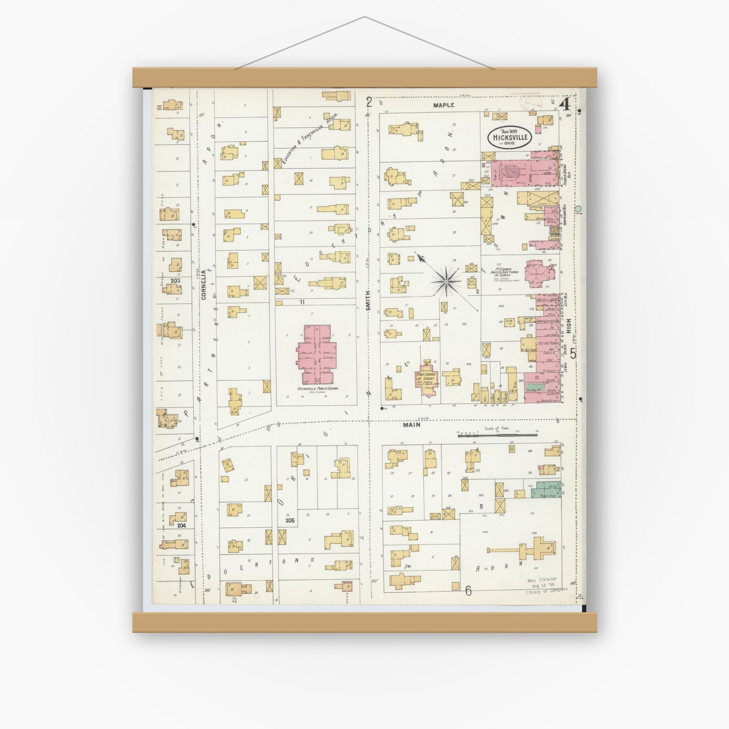 Old map wall art mockup — magnetic wood frame on white wall — Sanborn Fire Insurance Map from Hicksville, Defiance County, Ohio (1899), Sheet #0004