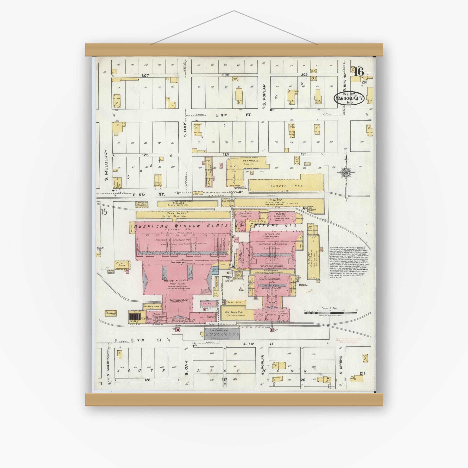 Old map wall art mockup — magnetic wood frame on white wall — Sanborn Fire Insurance Map from Hartford City, Blackford County, Indiana (1920), Sheet #0016