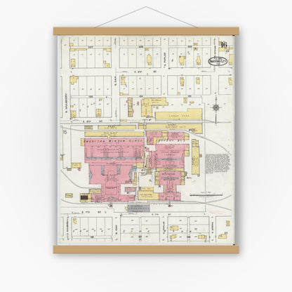 Old map wall art mockup — magnetic wood frame on white wall — Sanborn Fire Insurance Map from Hartford City, Blackford County, Indiana (1920), Sheet #0016