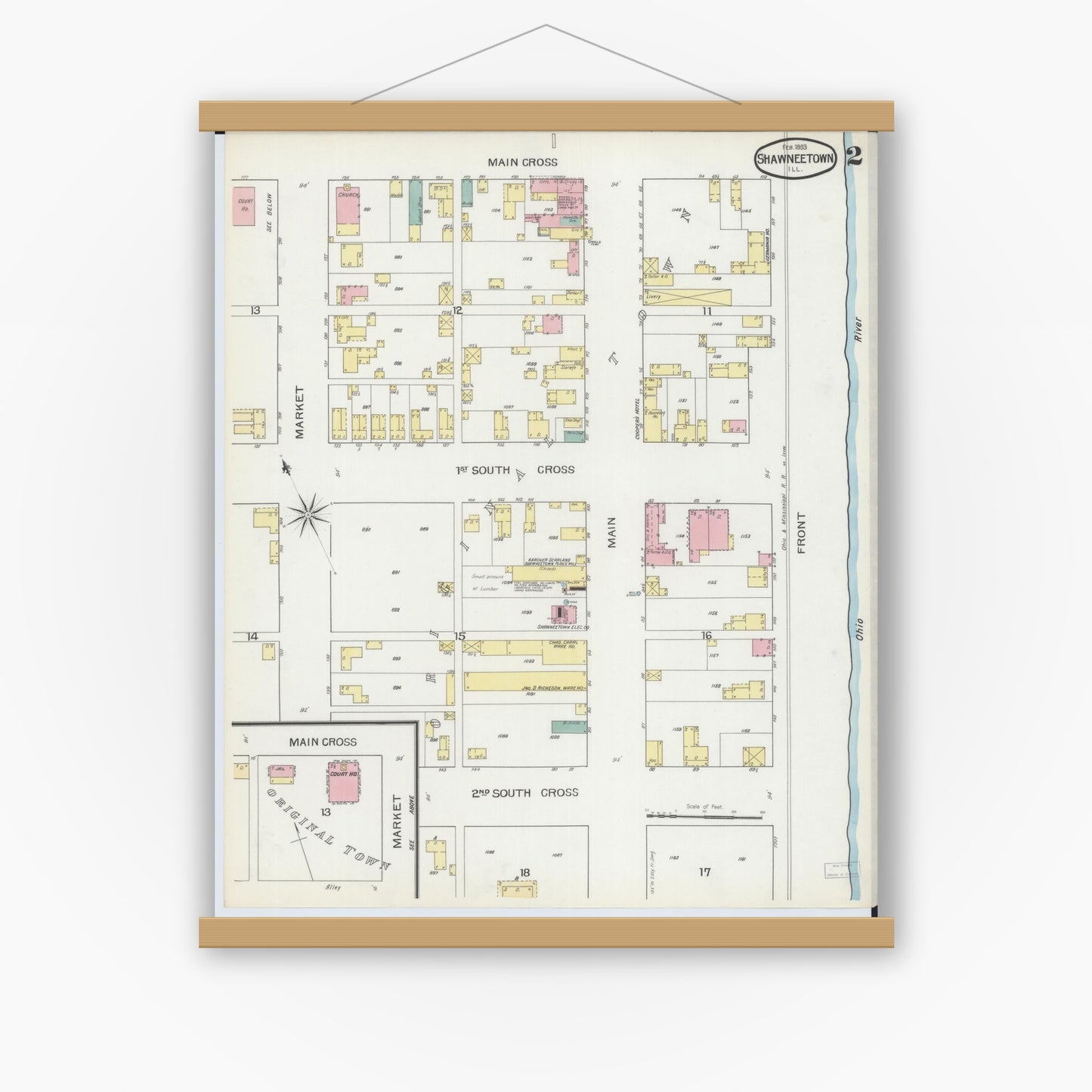 Old map wall art mockup — magnetic wood frame on white wall — Sanborn Fire Insurance Map from Shawneetown, Gallatin County, Illinois (1893), Sheet #0002