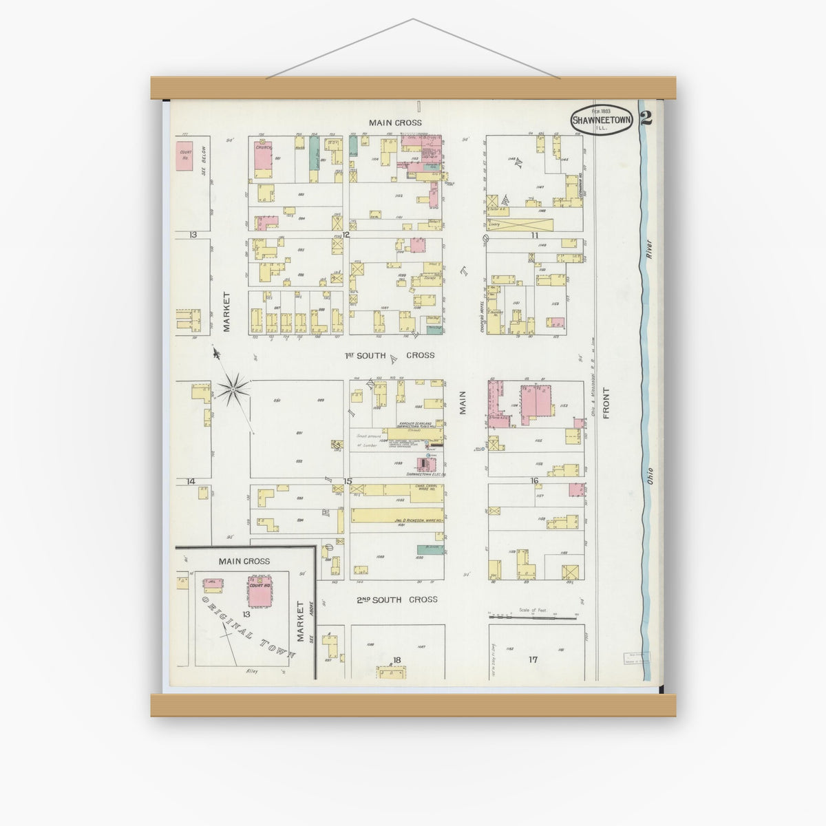 Old map wall art mockup — magnetic wood frame on white wall — Sanborn Fire Insurance Map from Shawneetown, Gallatin County, Illinois (1893), Sheet #0002