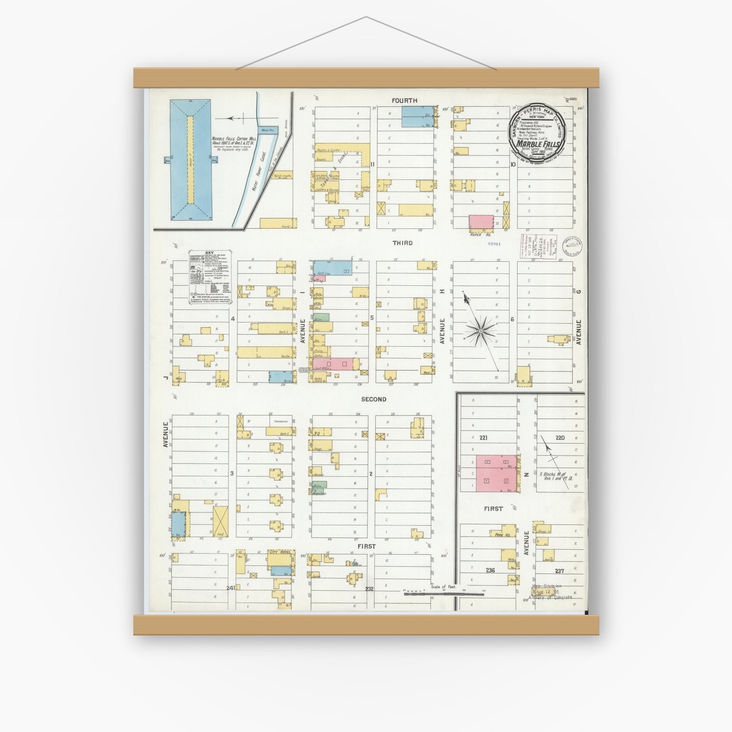 Old map wall art mockup — magnetic wood frame on white wall — Sanborn Fire Insurance Map from Marble Falls, Burnet County, Texas (1900), Sheet #0001