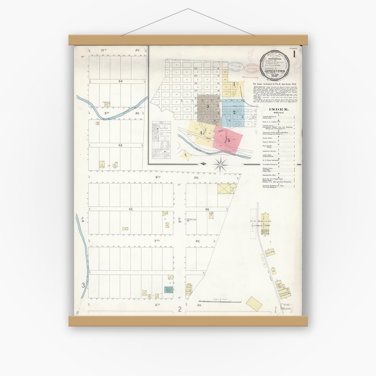 Old map wall art mockup — magnetic wood frame on white wall — Sanborn Fire Insurance Map from Jamestown, Tuolumne County, California (1898), Sheet #0001