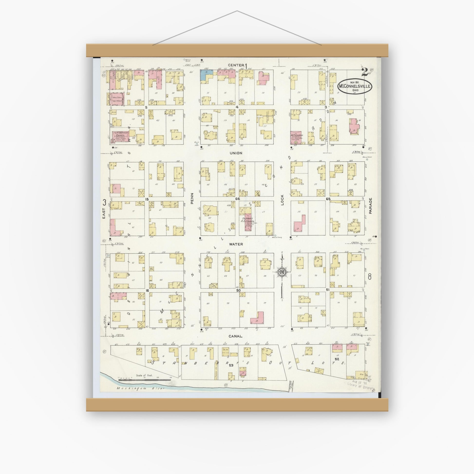 Old map wall art mockup — magnetic wood frame on white wall — Sanborn Fire Insurance Map from McConnelsville, Morgan County, Ohio (1911), Sheet #0002
