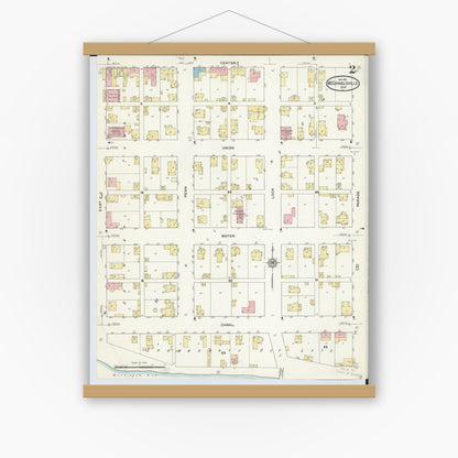 Old map wall art mockup — magnetic wood frame on white wall — Sanborn Fire Insurance Map from McConnelsville, Morgan County, Ohio (1911), Sheet #0002