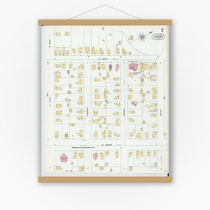 Old map wall art mockup — magnetic wood frame on white wall — Sanborn Fire Insurance Map from Adrian, Lenawee County, Michigan (1899), Sheet #0007
