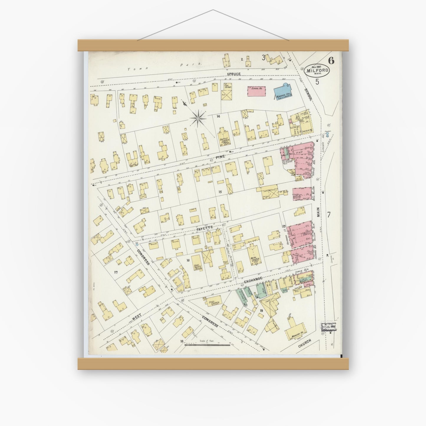Old map wall art mockup — magnetic wood frame on white wall — Sanborn Fire Insurance Map from Milford, Worcester County, Massachusetts (1897), Sheet #0006