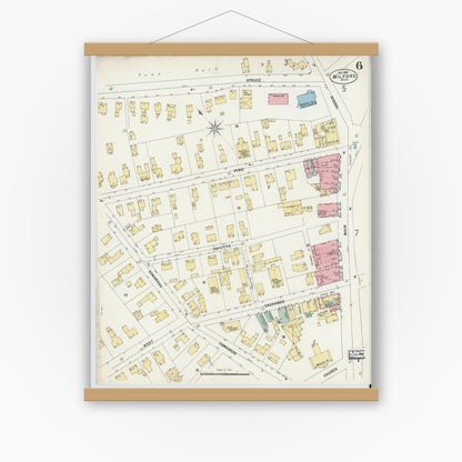Old map wall art mockup — magnetic wood frame on white wall — Sanborn Fire Insurance Map from Milford, Worcester County, Massachusetts (1897), Sheet #0006