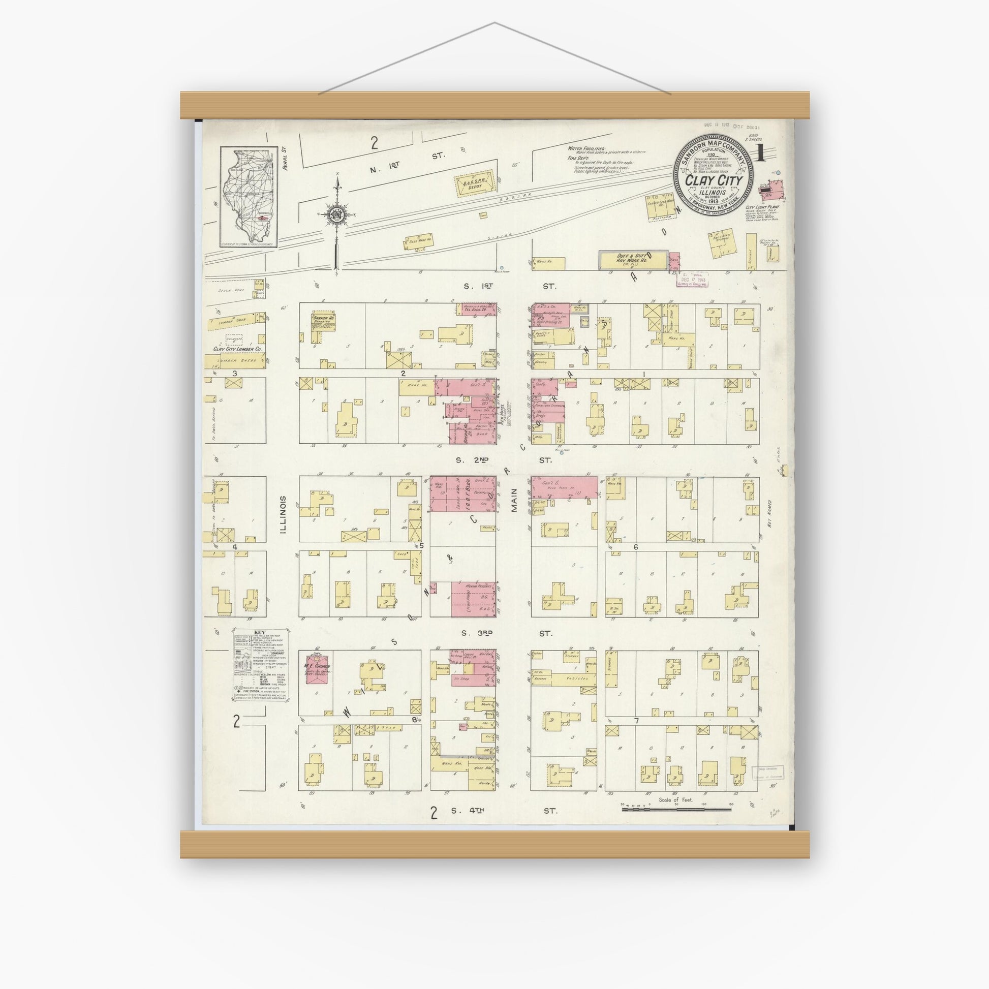 Old map wall art mockup — magnetic wood frame on white wall — Sanborn Fire Insurance Map from Clay City, Clay County, Illinois (1913) - Complete Map Set