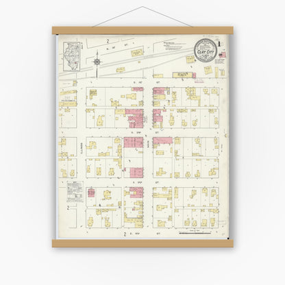 Old map wall art mockup — magnetic wood frame on white wall — Sanborn Fire Insurance Map from Clay City, Clay County, Illinois (1913) - Complete Map Set