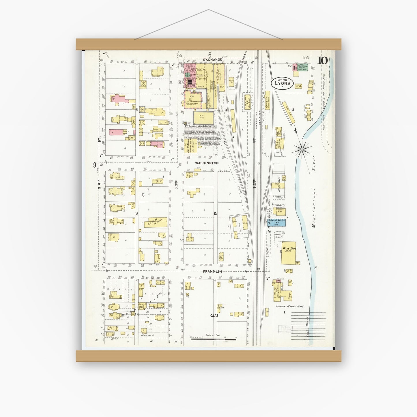 Old map wall art mockup — magnetic wood frame on white wall — Sanborn Fire Insurance Map from Lyons, Clinton County, Iowa (1902), Sheet #0010