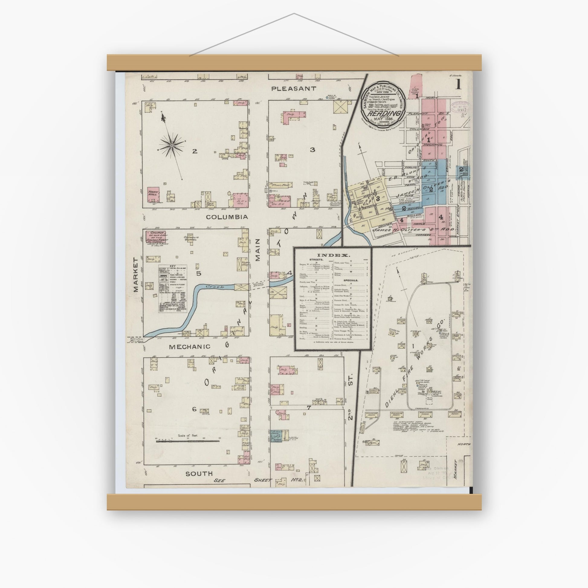 Old map wall art mockup — magnetic wood frame on white wall — Sanborn Fire Insurance Map from Reading, Hamilton County, Ohio (1886), Sheet #0001