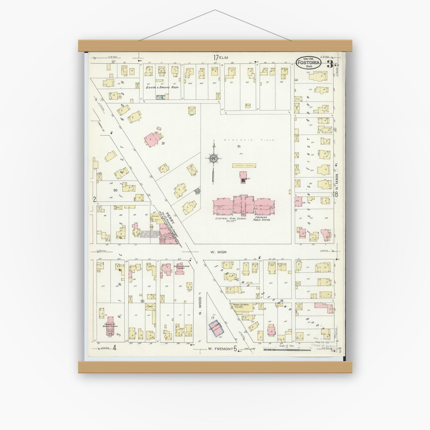 Old map wall art mockup — magnetic wood frame on white wall — Sanborn Fire Insurance Map from Fostoria, Seneca, Hancock, And Wood Counties, Ohio (1914), Sheet #0003