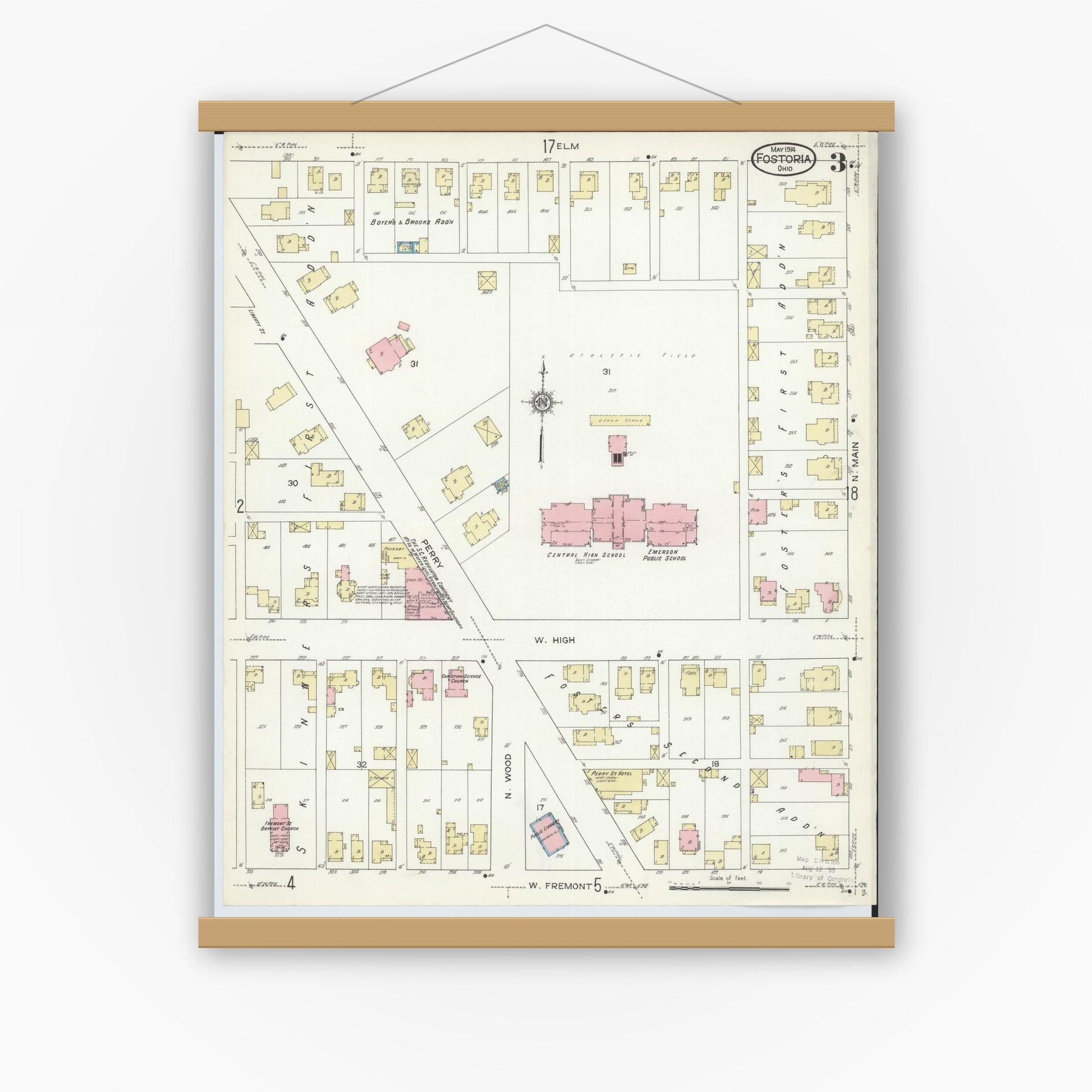 Old map wall art mockup — magnetic wood frame on white wall — Sanborn Fire Insurance Map from Fostoria, Seneca, Hancock, And Wood Counties, Ohio (1914), Sheet #0003