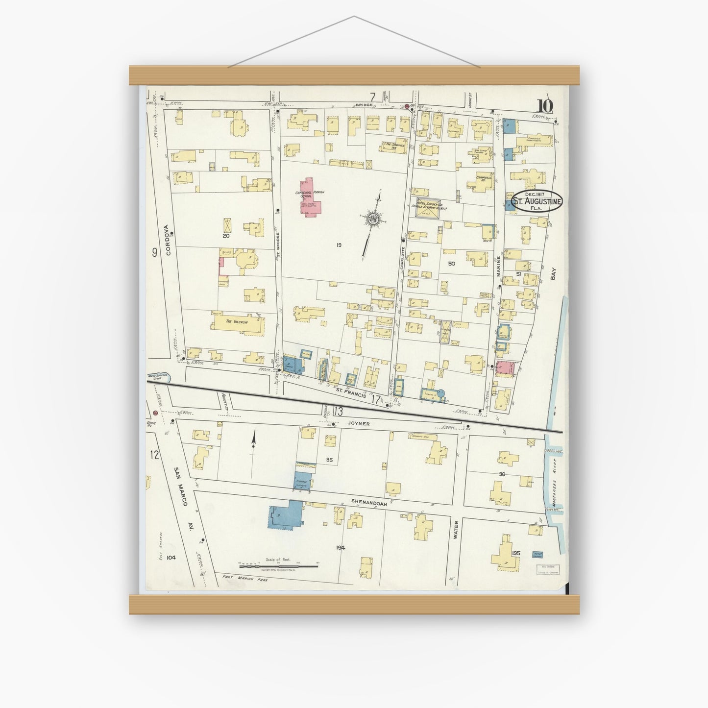 Old map wall art mockup — magnetic wood frame on white wall — Sanborn Fire Insurance Map from Saint Augustine, Saint John's County, Florida (1917), Sheet #0010