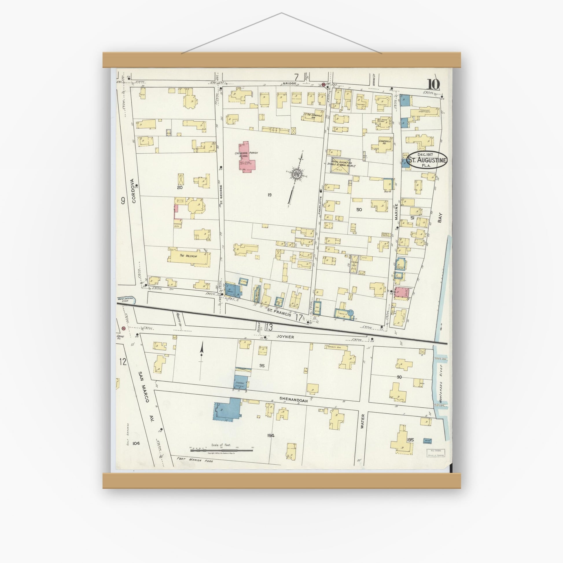 Old map wall art mockup — magnetic wood frame on white wall — Sanborn Fire Insurance Map from Saint Augustine, Saint John's County, Florida (1917), Sheet #0010