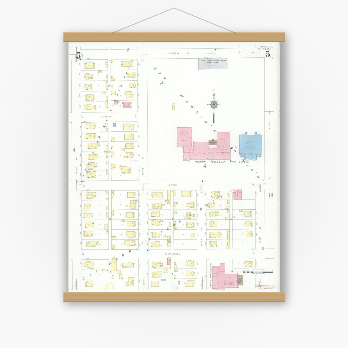 Old map wall art mockup — magnetic wood frame on white wall — Sanborn Fire Insurance Map from Herrin, Williamson County, Illinois (1941), Sheet #0005