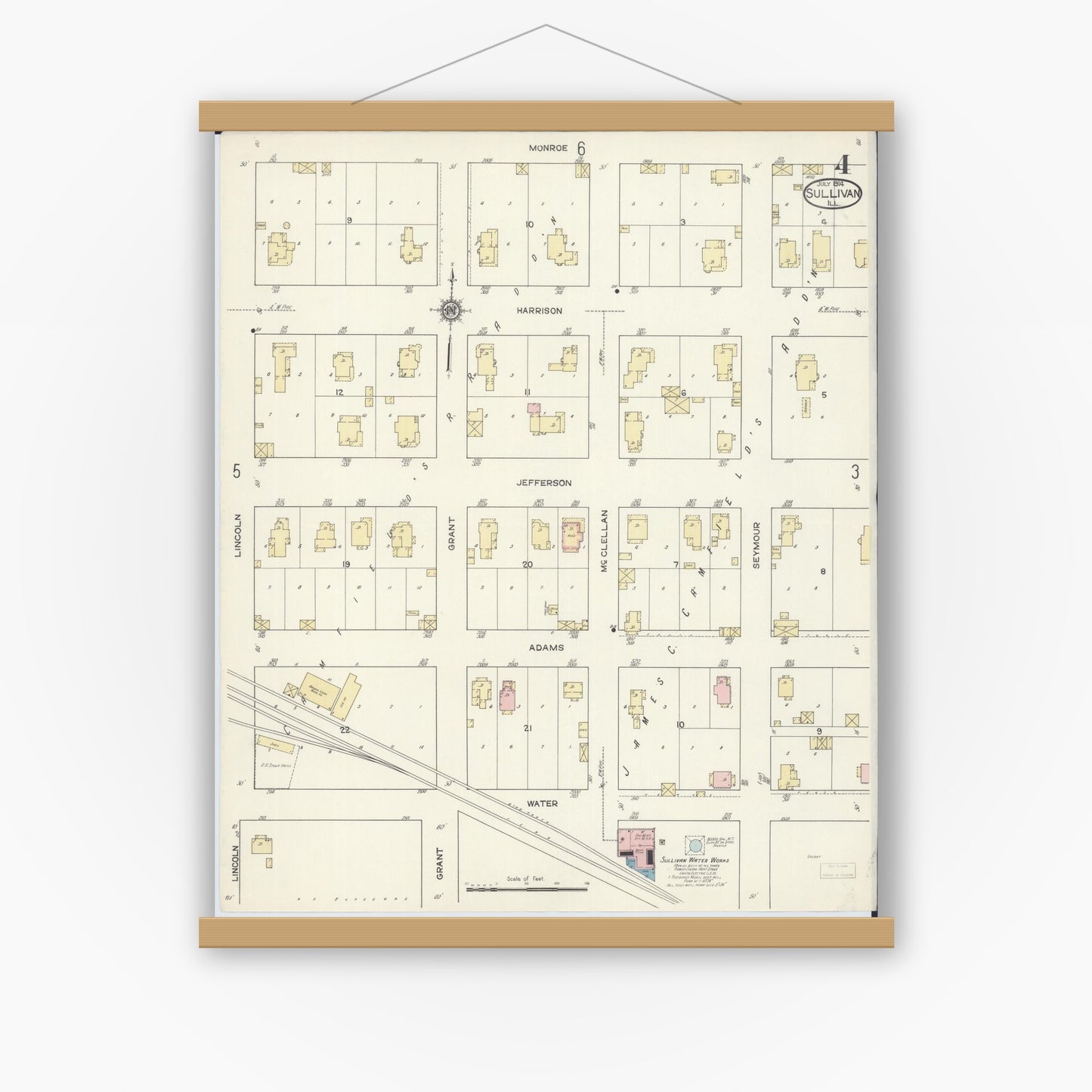 Old map wall art mockup — magnetic wood frame on white wall — Sanborn Fire Insurance Map from Sullivan, Moultrie County, Illinois (1914), Sheet #0004