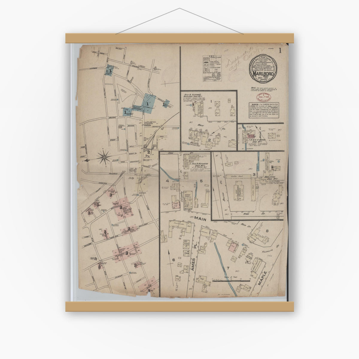 Old map wall art mockup — magnetic wood frame on white wall — Sanborn Fire Insurance Map from Marlborough, Middlesex  County, Massachusetts (1881) - Complete Map Set