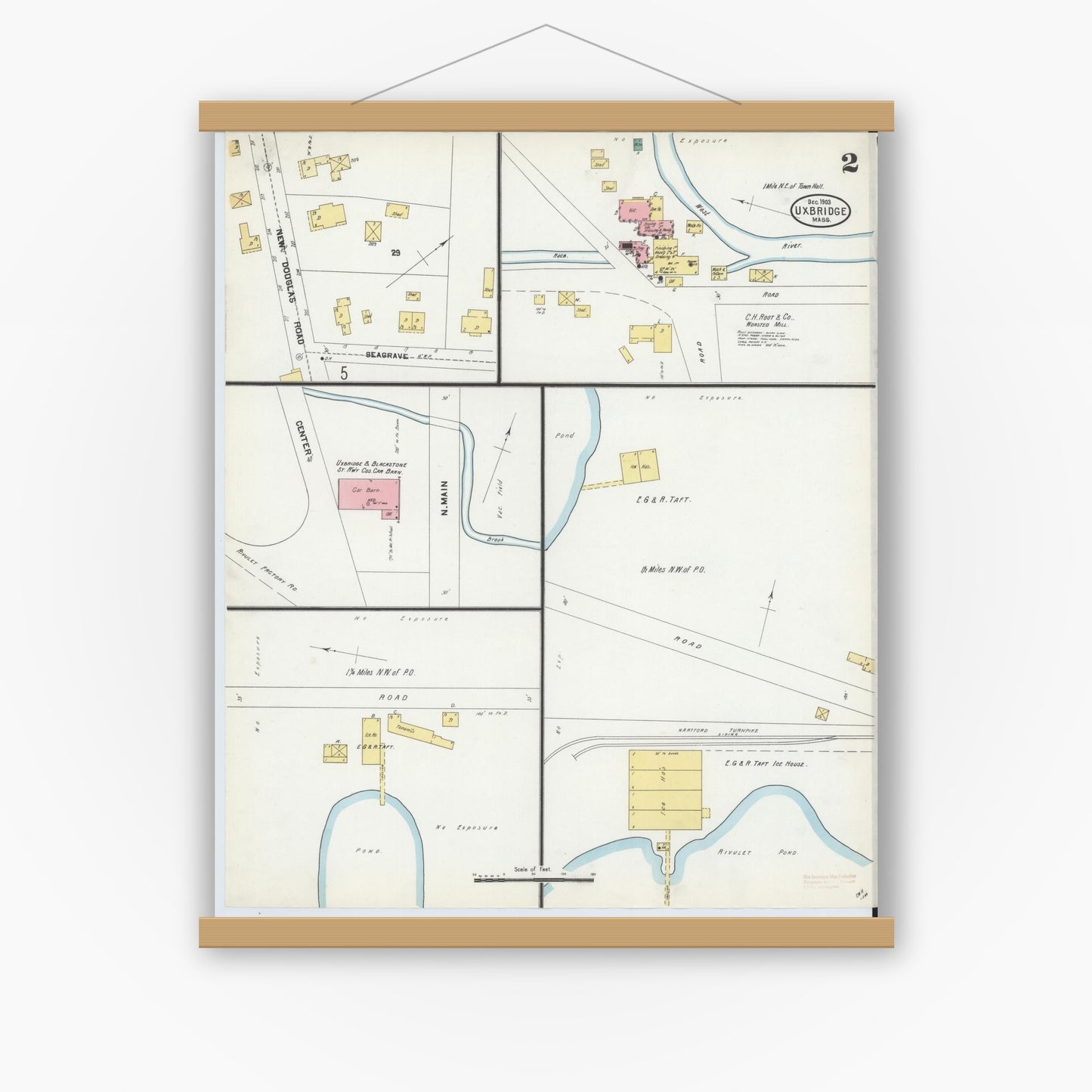 Old map wall art mockup — magnetic wood frame on white wall — Sanborn Fire Insurance Map from Uxbridge, Worcester County, Massachusetts (1903), Sheet #0002