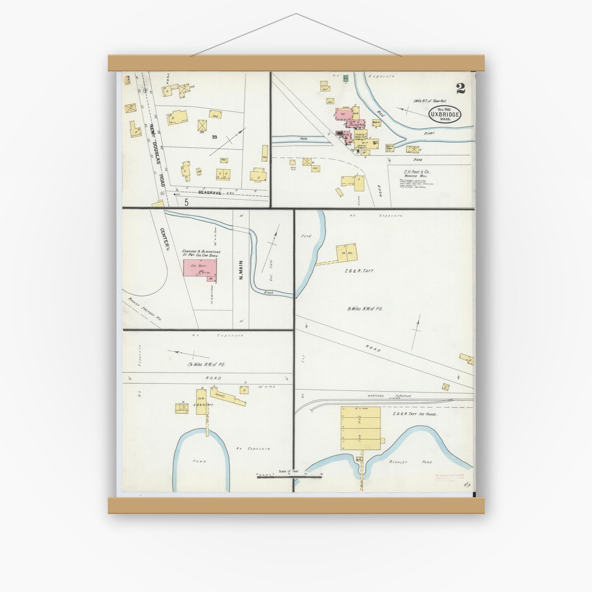Old map wall art mockup — magnetic wood frame on white wall — Sanborn Fire Insurance Map from Uxbridge, Worcester County, Massachusetts (1903), Sheet #0002