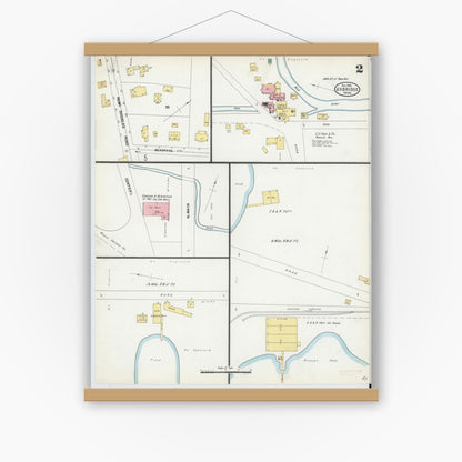 Old map wall art mockup — magnetic wood frame on white wall — Sanborn Fire Insurance Map from Uxbridge, Worcester County, Massachusetts (1903), Sheet #0002
