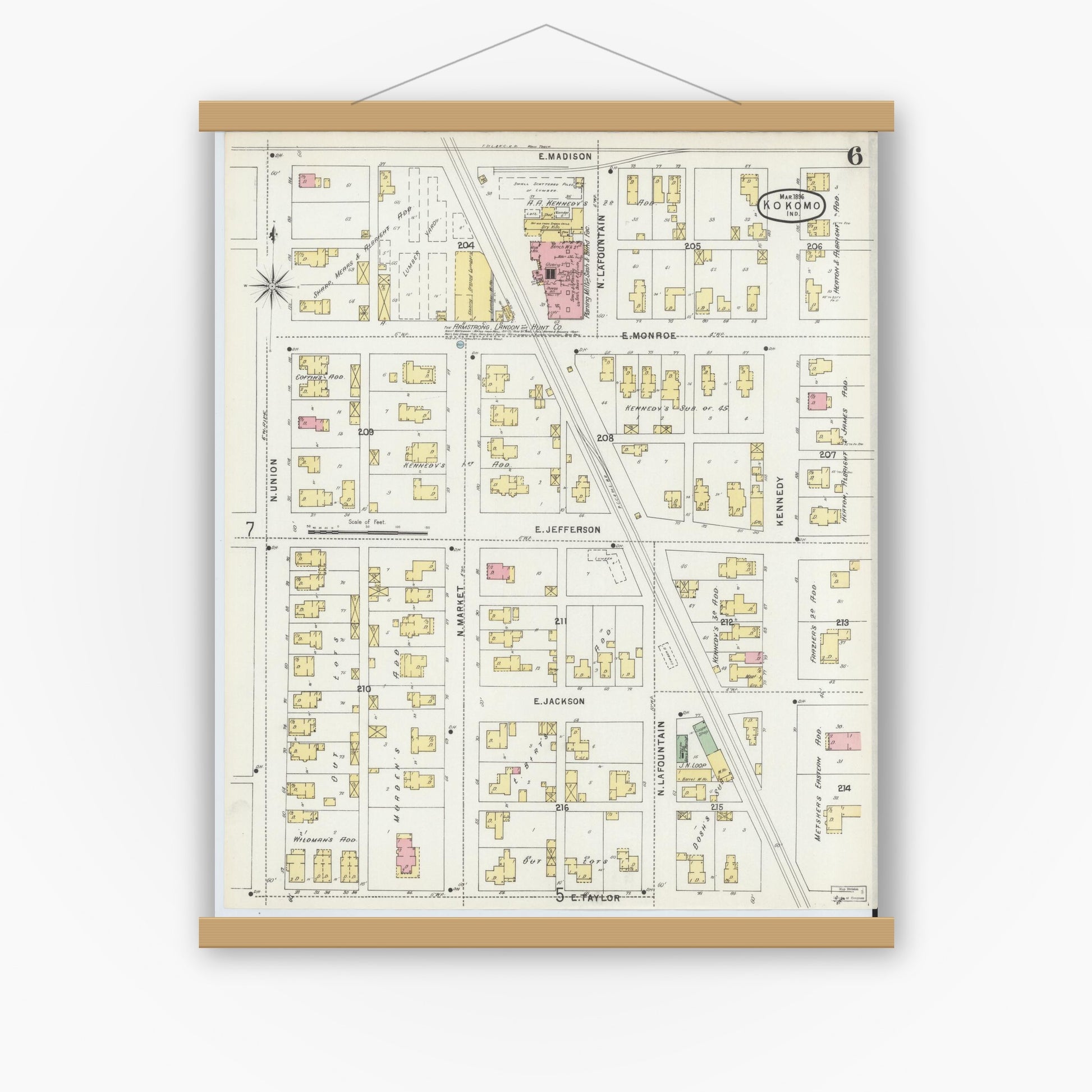 Old map wall art mockup — magnetic wood frame on white wall — Sanborn Fire Insurance Map from Kokomo, Howard County, Indiana (1896), Sheet #0006