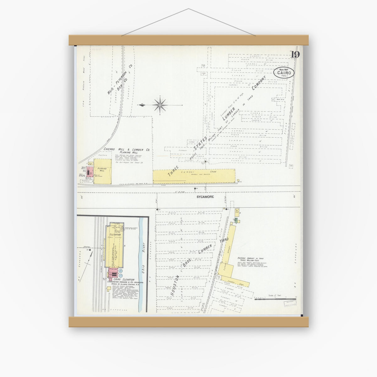 Old map wall art mockup — magnetic wood frame on white wall — Sanborn Fire Insurance Map from Cairo, Alexander County, Illinois (1901), Sheet #0019