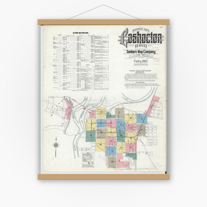 Old map wall art mockup — magnetic wood frame on white wall — Sanborn Fire Insurance Map from Coshocton, Coshocton County, Ohio (1912), Sheet #0001