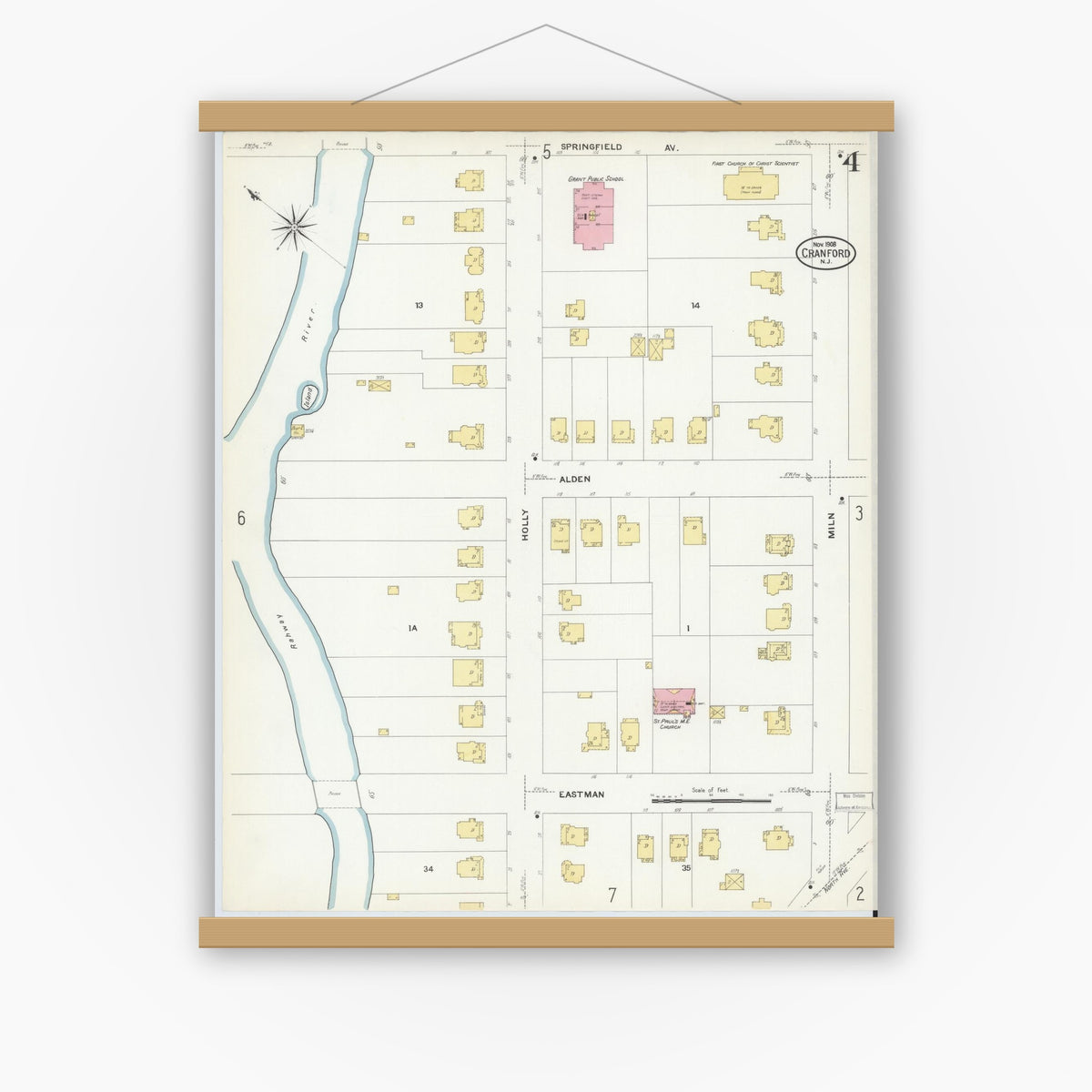 Old map wall art mockup — magnetic wood frame on white wall — Sanborn Fire Insurance Map from Cranford, Union County, New Jersey (1908), Sheet #0004