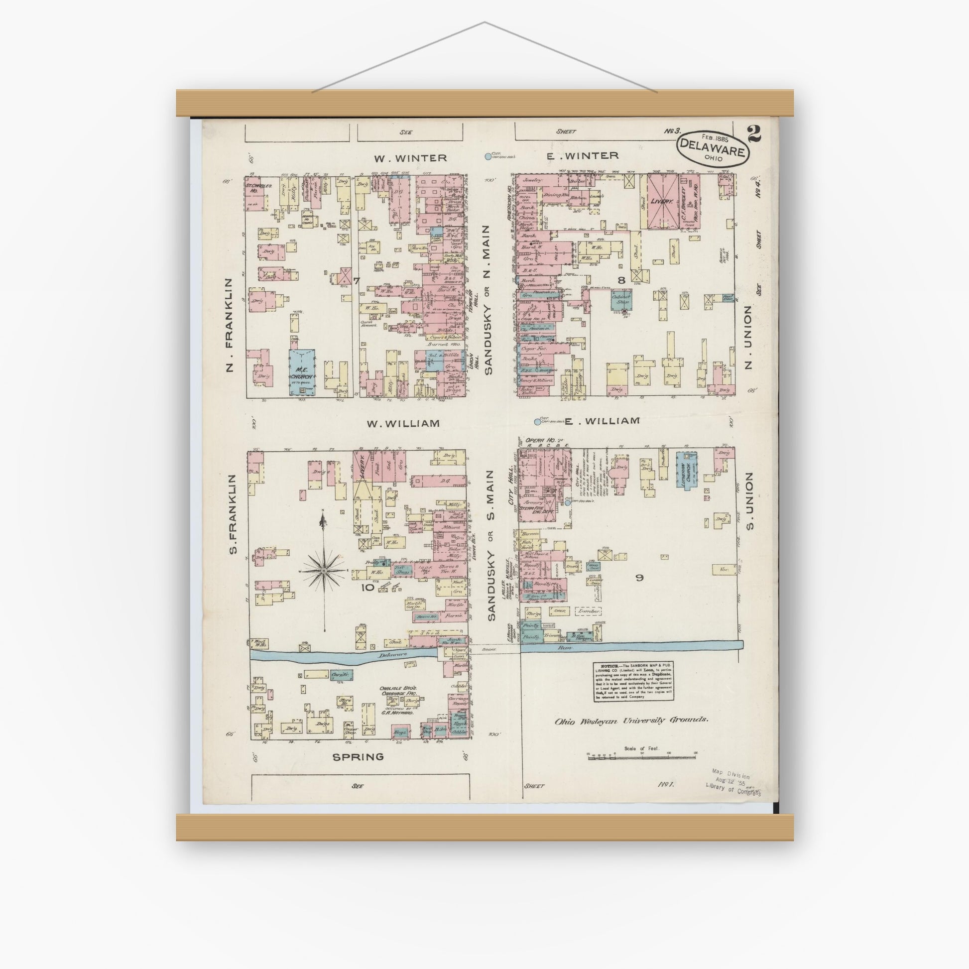 Old map wall art mockup — magnetic wood frame on white wall — Sanborn Fire Insurance Map from Delaware, Delaware County, Ohio (1885), Sheet #0002