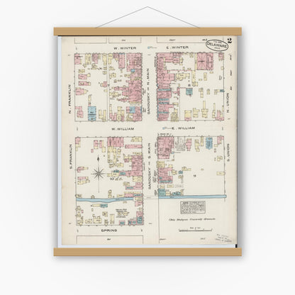 Old map wall art mockup — magnetic wood frame on white wall — Sanborn Fire Insurance Map from Delaware, Delaware County, Ohio (1885), Sheet #0002