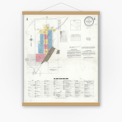 Old map wall art mockup — magnetic wood frame on white wall — Sanborn Fire Insurance Map from Borger, Hutchinson County, Texas (1933), Sheet #0001