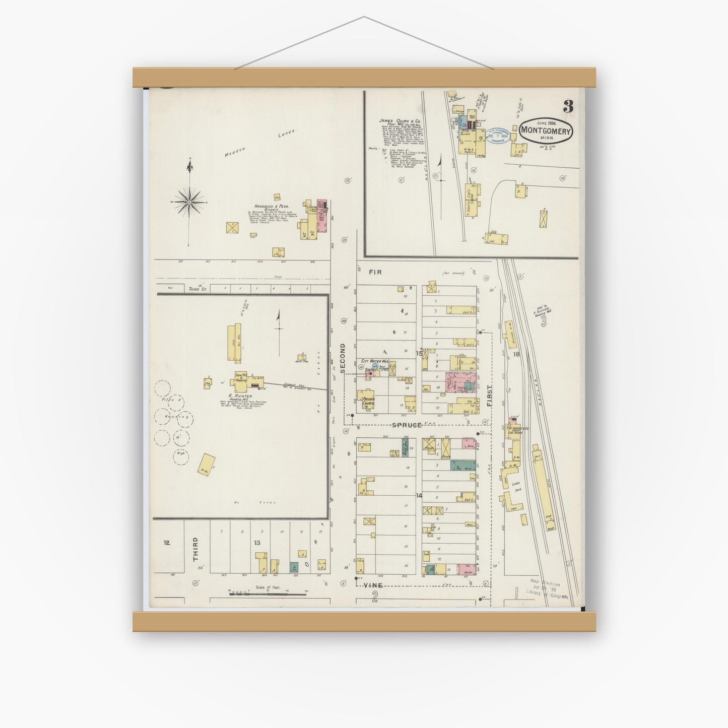 Old map wall art mockup — magnetic wood frame on white wall — Sanborn Fire Insurance Map from Montgomery, Le Sueur  County, Minnesota (1894), Sheet #0003
