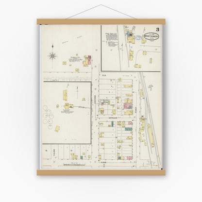 Old map wall art mockup — magnetic wood frame on white wall — Sanborn Fire Insurance Map from Montgomery, Le Sueur  County, Minnesota (1894), Sheet #0003