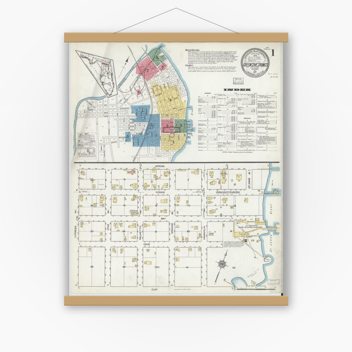 Old map wall art mockup — magnetic wood frame on white wall — Sanborn Fire Insurance Map from Green Cove Springs, Clay County, Florida (1917), Sheet #0001