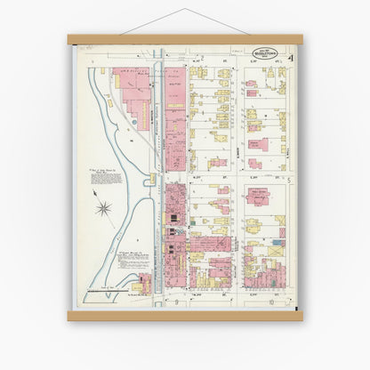 Old map wall art mockup — magnetic wood frame on white wall — Sanborn Fire Insurance Map from Middletown, Butler County, Ohio (1907), Sheet #0004