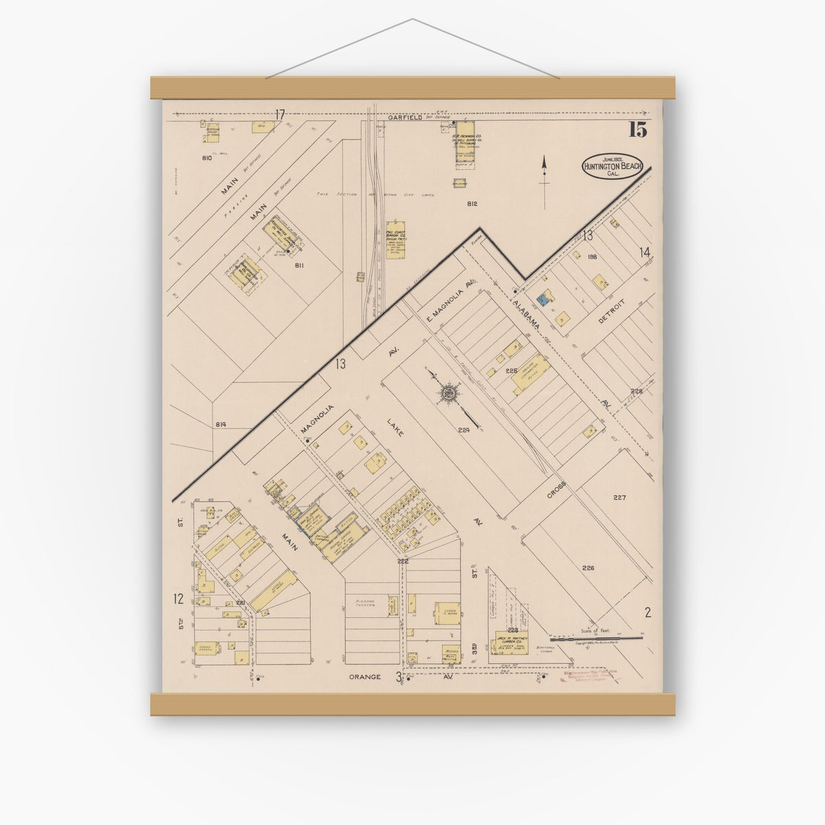 Old map wall art mockup — magnetic wood frame on white wall — Sanborn Fire Insurance Map from Huntington Beach, Orange County, California (1922), Sheet #0015