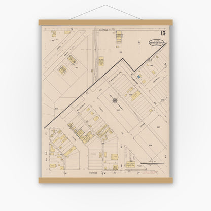 Old map wall art mockup — magnetic wood frame on white wall — Sanborn Fire Insurance Map from Huntington Beach, Orange County, California (1922), Sheet #0015