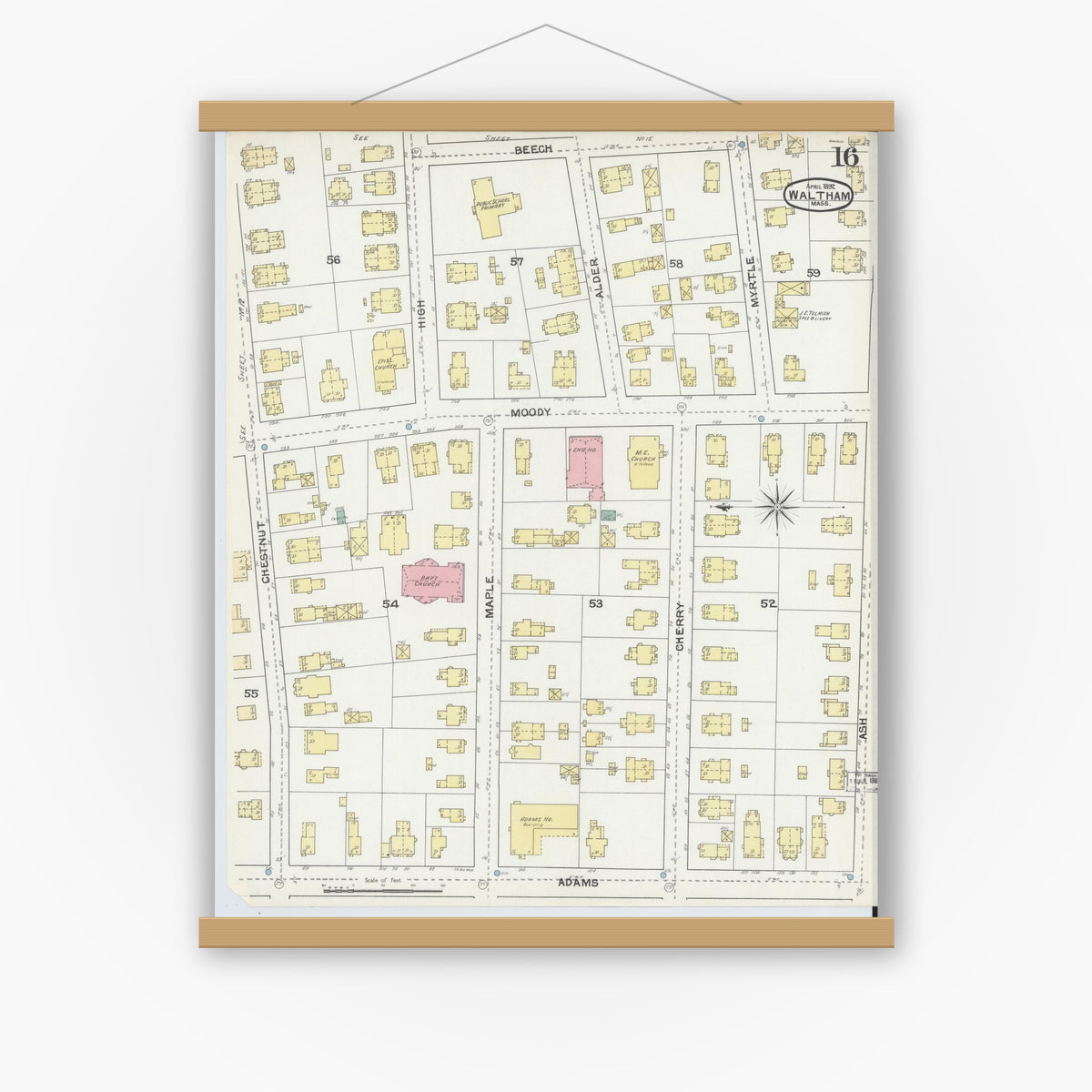 Old map wall art mockup — magnetic wood frame on white wall — Sanborn Fire Insurance Map from Waltham, Middlesex County, Massachusetts (1892), Sheet #0016