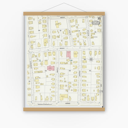 Old map wall art mockup — magnetic wood frame on white wall — Sanborn Fire Insurance Map from Waltham, Middlesex County, Massachusetts (1892), Sheet #0016