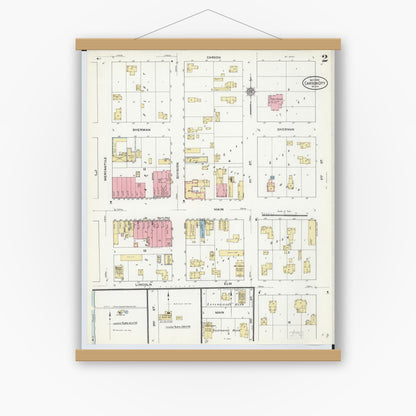 Old map wall art mockup — magnetic wood frame on white wall — Sanborn Fire Insurance Map from Carson City, Montcalm County, Michigan (1910), Sheet #0002