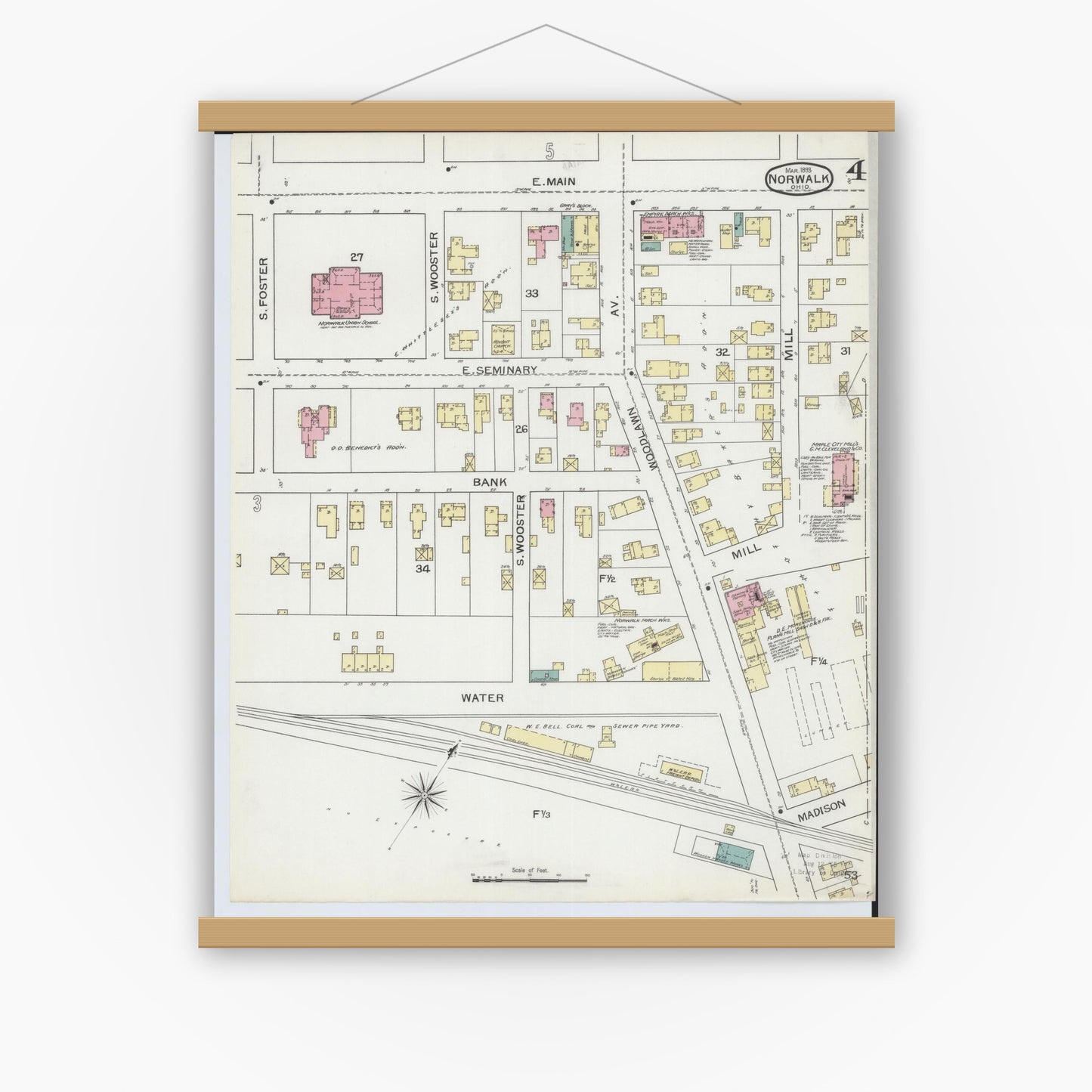 Old map wall art mockup — magnetic wood frame on white wall — Sanborn Fire Insurance Map from Norwalk, Huron County, Ohio (1893), Sheet #0004