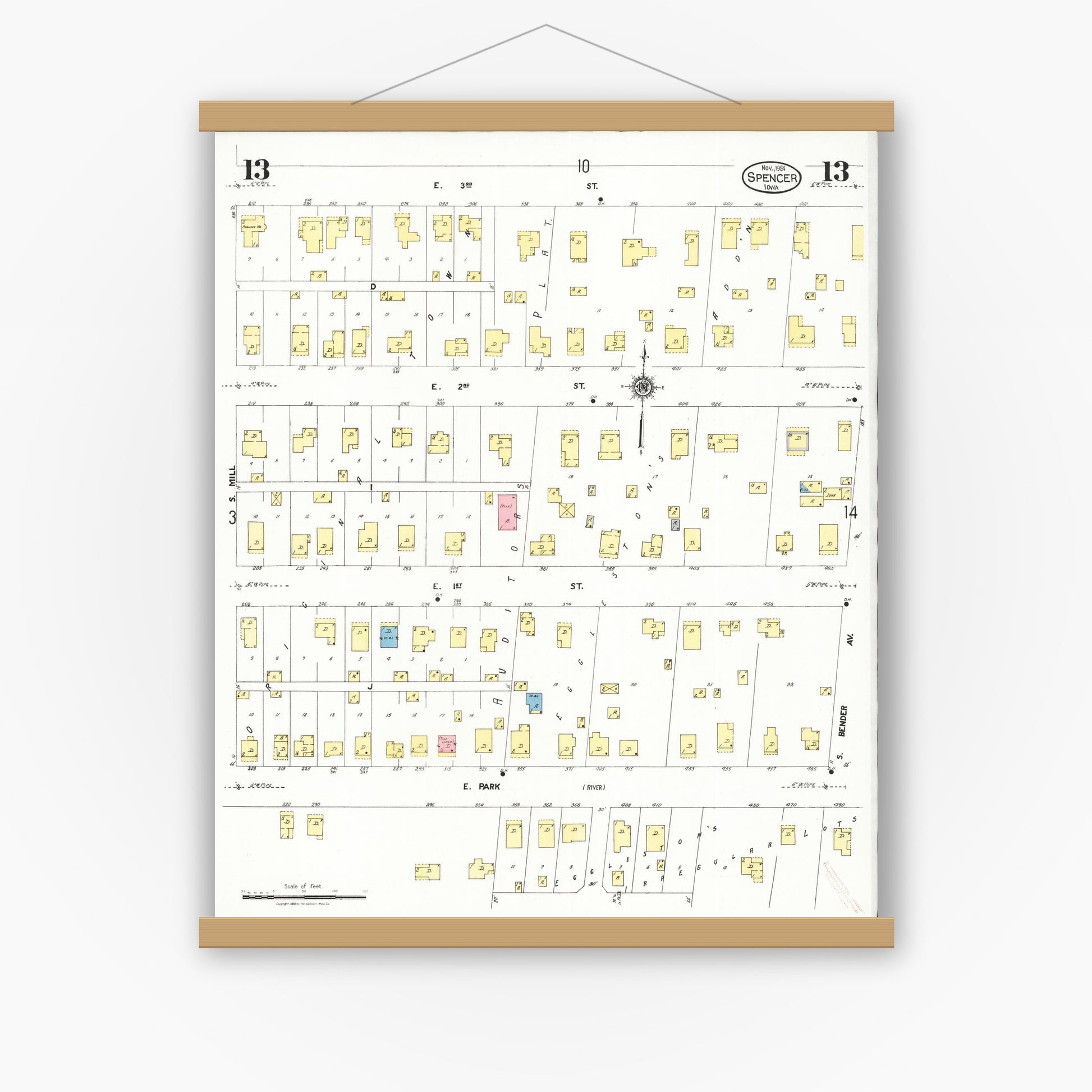 Old map wall art mockup — magnetic wood frame on white wall — Sanborn Fire Insurance Map from Spencer, Clay County, Iowa (1924), Sheet #0013