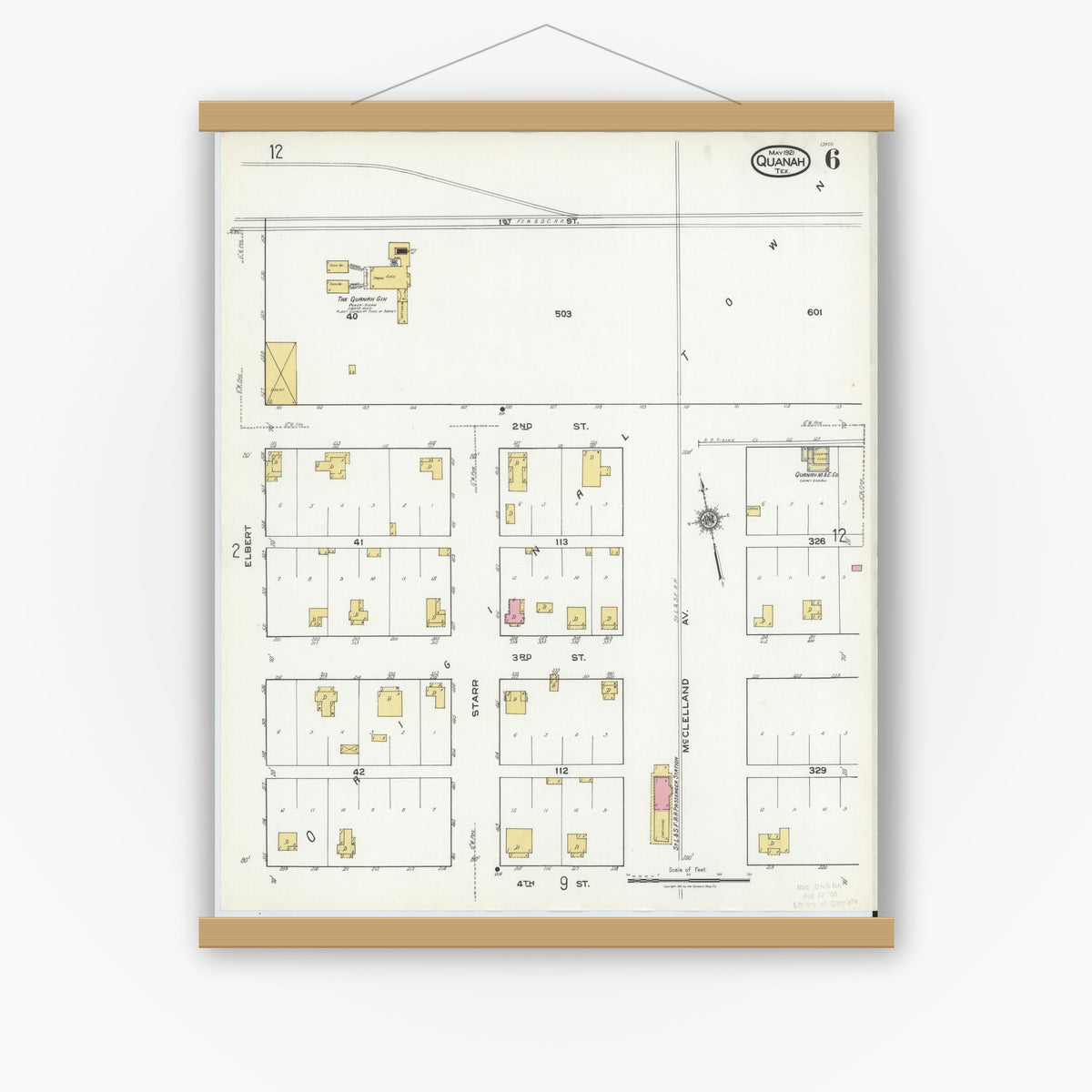 Old map wall art mockup — magnetic wood frame on white wall — Sanborn Fire Insurance Map from Quanah, Hardeman County, Texas (1921), Sheet #0006